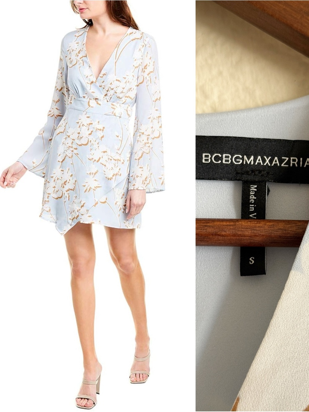 BCBGMAXAZRIA Blue Floral Print Long Sleeve Wrap Mini Dress-size S